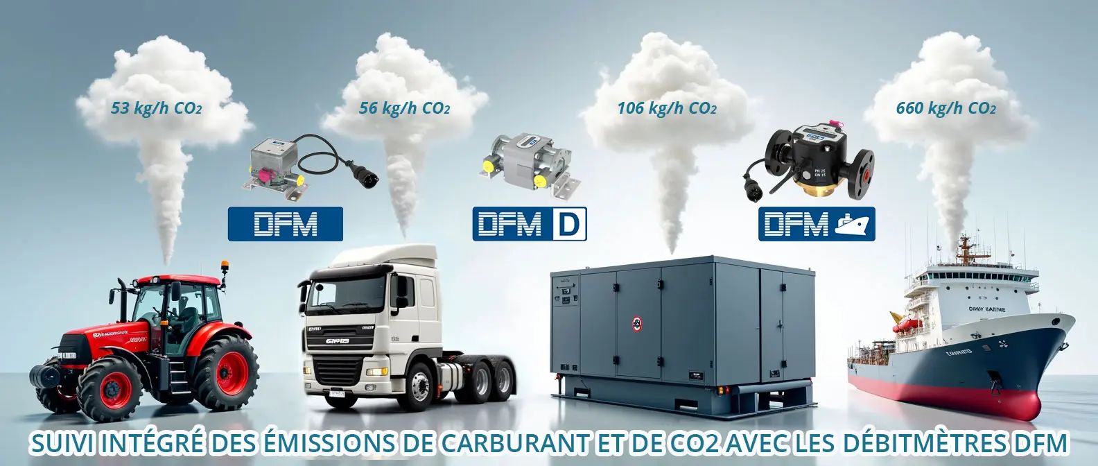 Calculer les émissions de CO₂ pour tracteur, camion, groupe électrogène diesel, navire