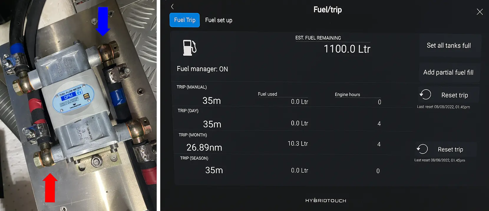 Left: DFM D S7 flow meter connected to the supply and return fuel lines.  Right: Fuel consumption data displayed on the Raymarine HybridTouch screen