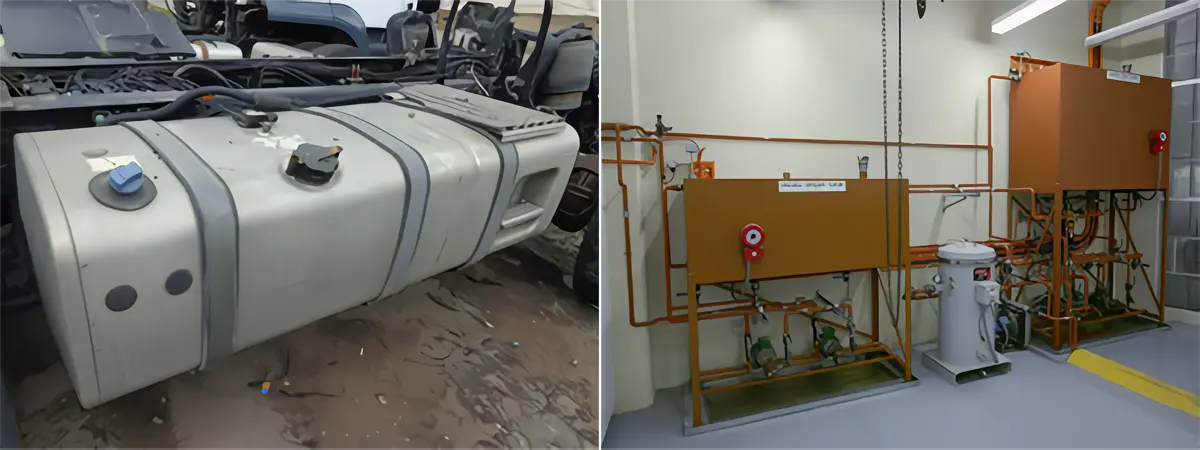 The fuel tank of a truck (left) and fuel storage tanks for diesel generators (right)