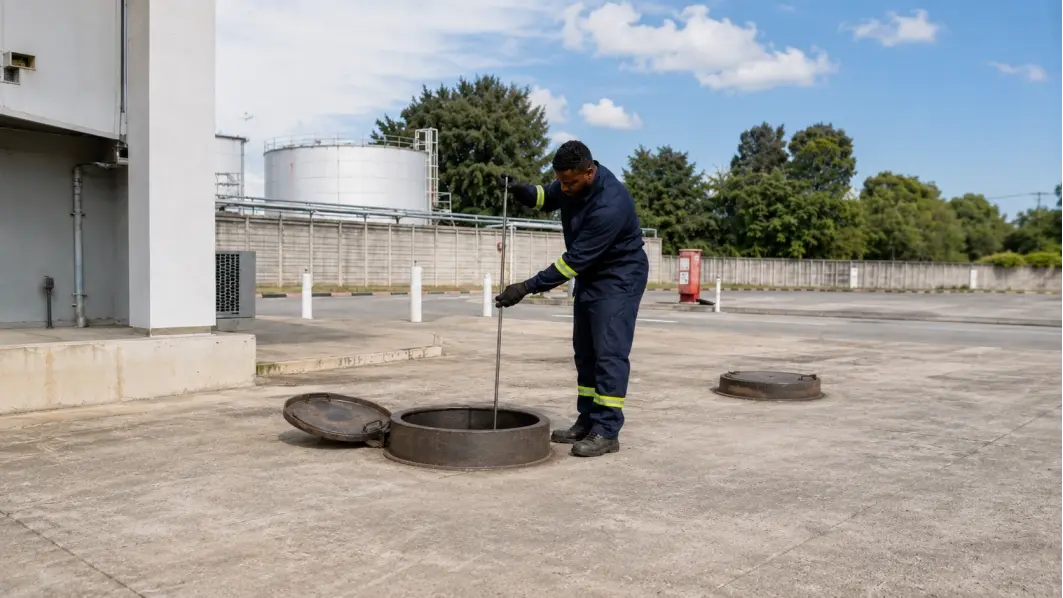 Measuring fuel level in a stationary tank using a dipstick Manual fuel level measurement using a dipstick in a stationary tank at a gas station