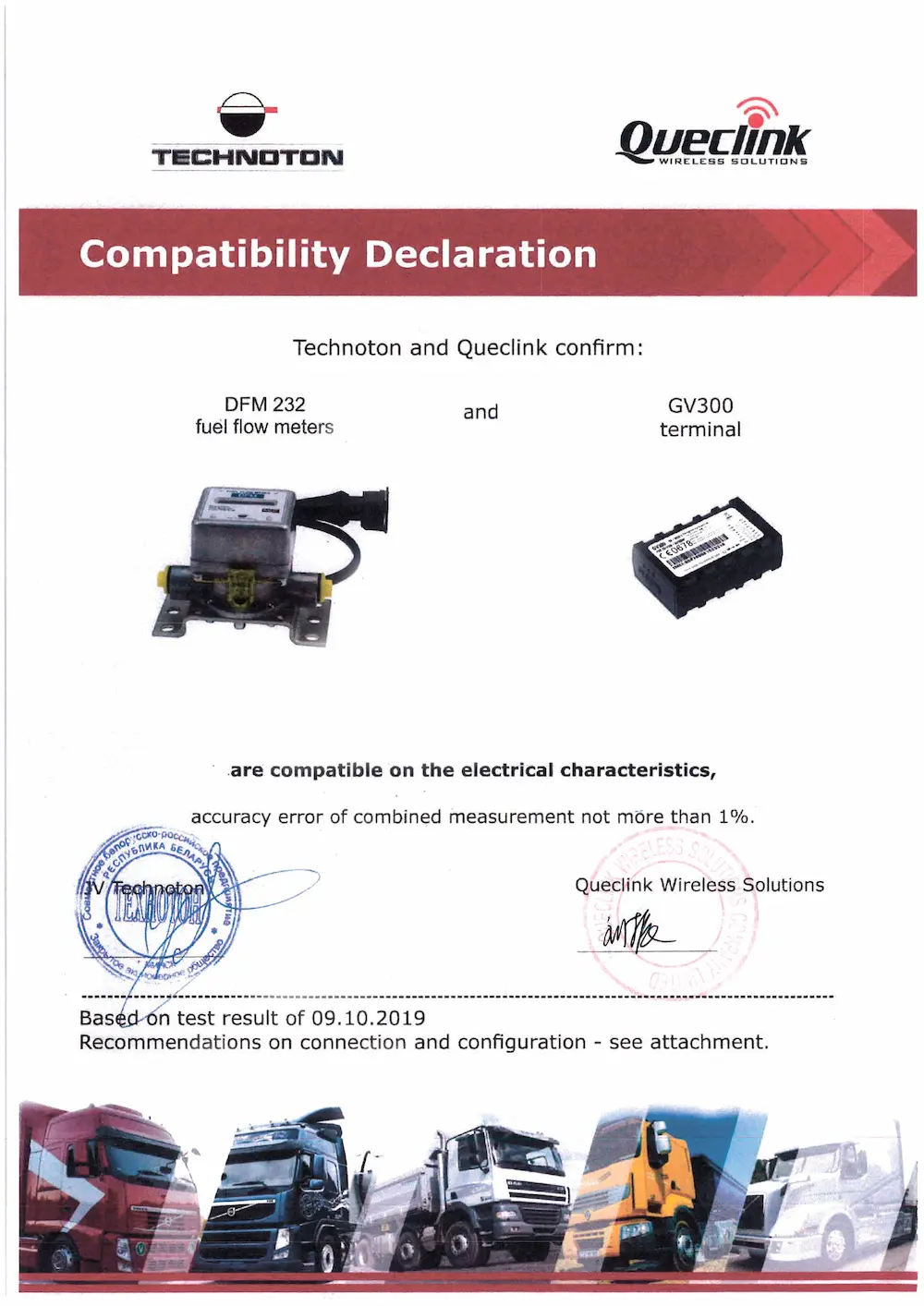 Compatibility Declaration of Technoton DFM 232 and Queclink GV300 tracker Compatibility Declaration of Technoton DFM 232 and Queclink GV300 tracker